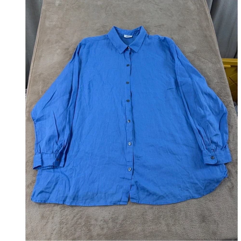 J.Jill Love Linen shirt Womens size 3X Blue 100% Linen Top Long sleeve EUC‎